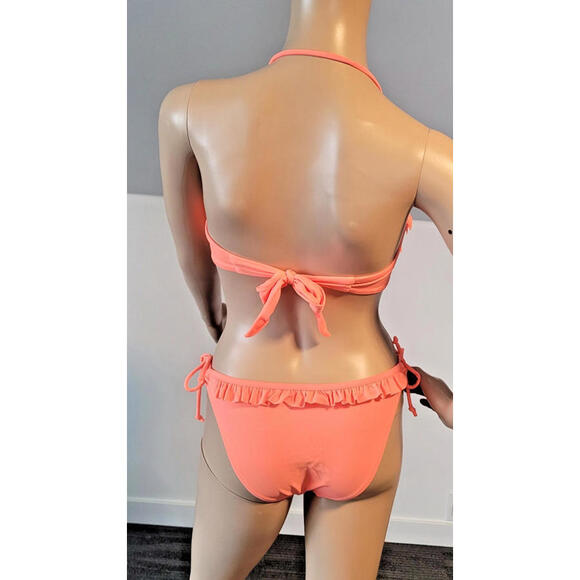 Woman Medium Orange Ruffle Bikini Set Top/ Low Rise Bottom Removable Straps - Picture 6 of 9